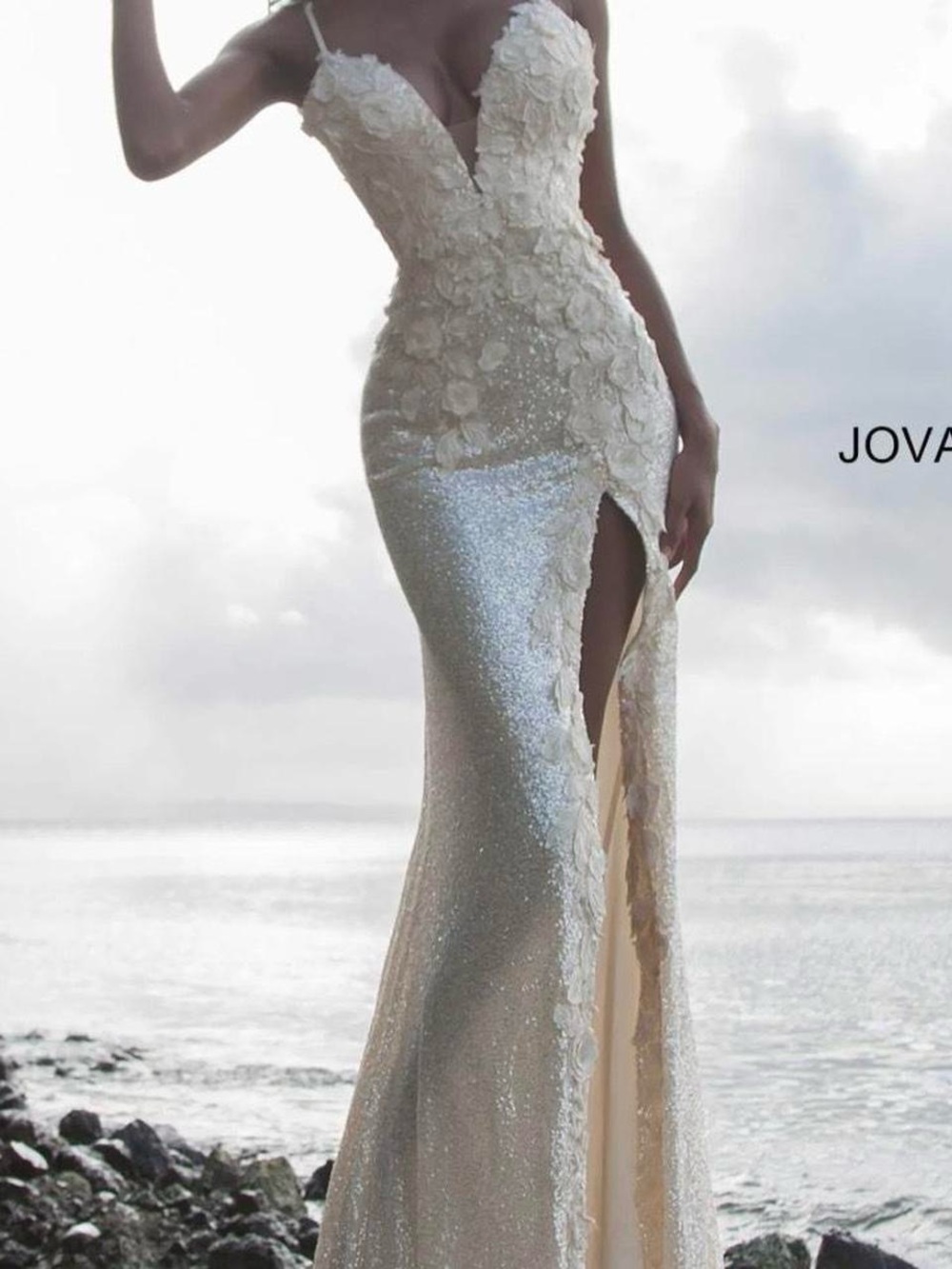 Jovani Ivory Sequin Floral Appliqué Strapless Gown with Thigh Slit